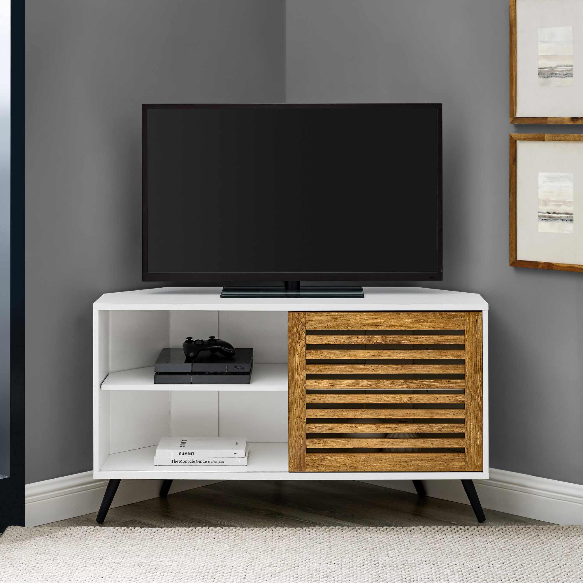 Manor Park Contemporary Boho Sliding Door Corner TV Stand, White