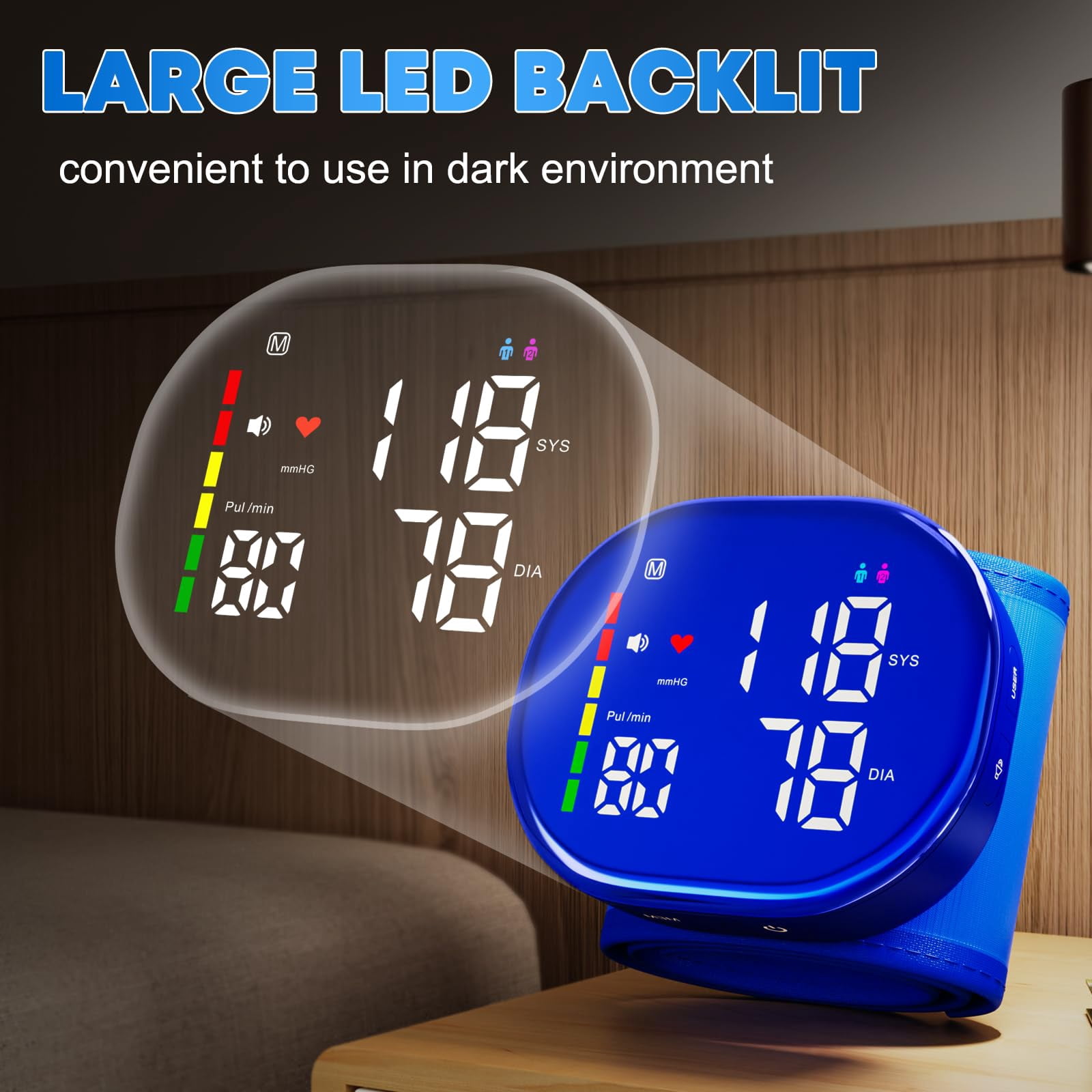 Wrist Blood Pressure Monitor, Rechargeable BP Cuff with Large LED Backlit Display, 5.3"-8.4" Adjustable Wrist Cuff, 2-User Mode, Digital Blood Pressure Machine for Home Use,Blue