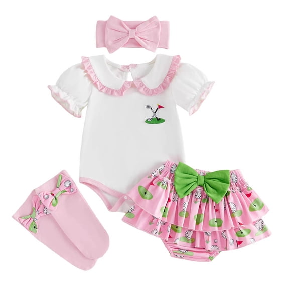 Xudanell Baby Girl Golf Outfit Short Sleeve Onesie Hole In One Romper Skirt Shorts Set Summer Clothes With Socks (White, 6-9 Months)