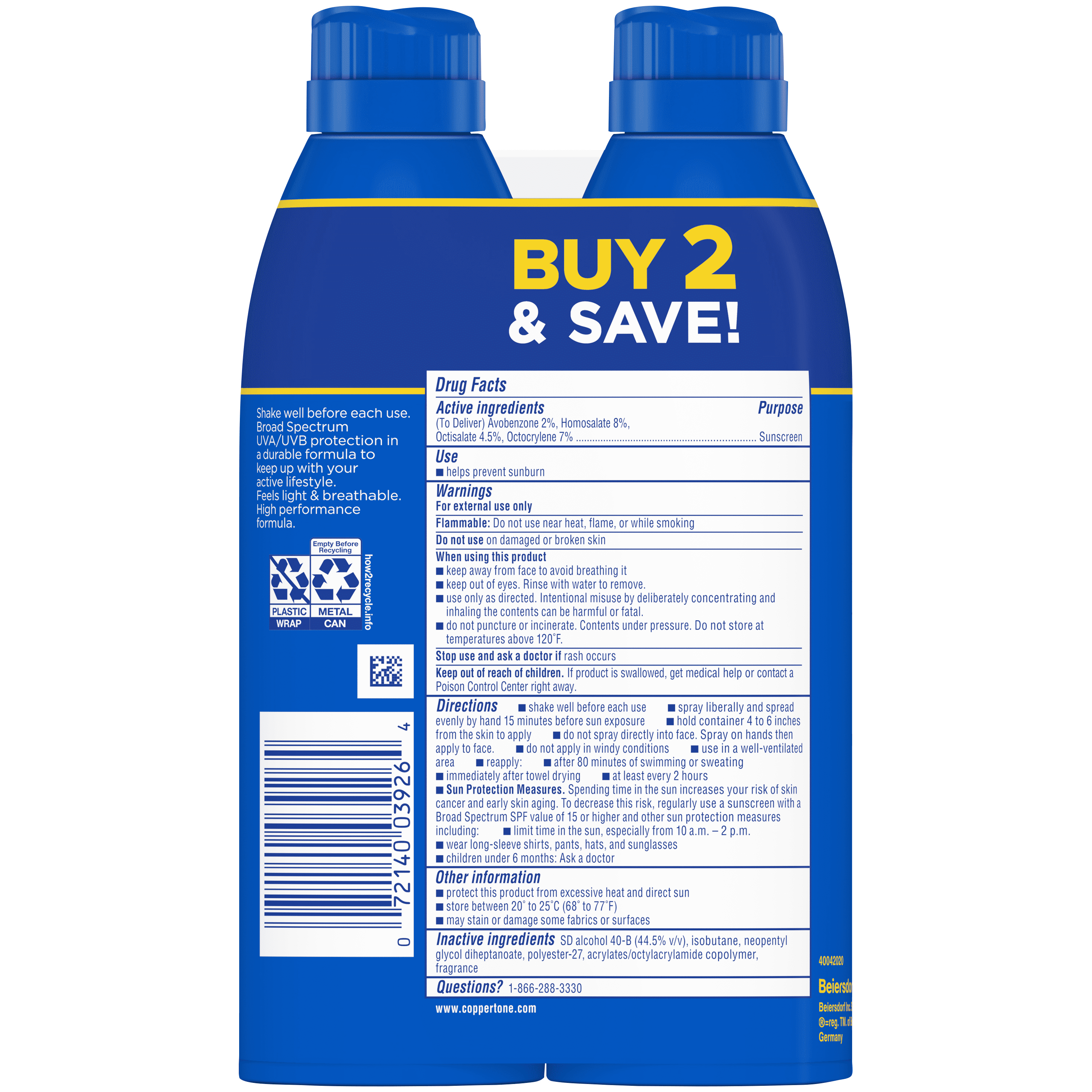 Coppertone Sport 4-in-1 Performance Sunscreen Spray,Twin Pack, SPF 30, Adult, 11 oz