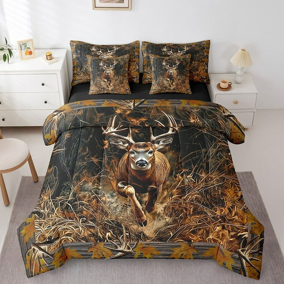 7Pcs Hunting Deer Twin Comforter Set Deer And Branches Bedding For Hunter Bedroom Decor With 2 Pillowcases And 2 Throw Pillow Covers,Brown Bedding Sets With Flat Sheet And Fitted Sheet