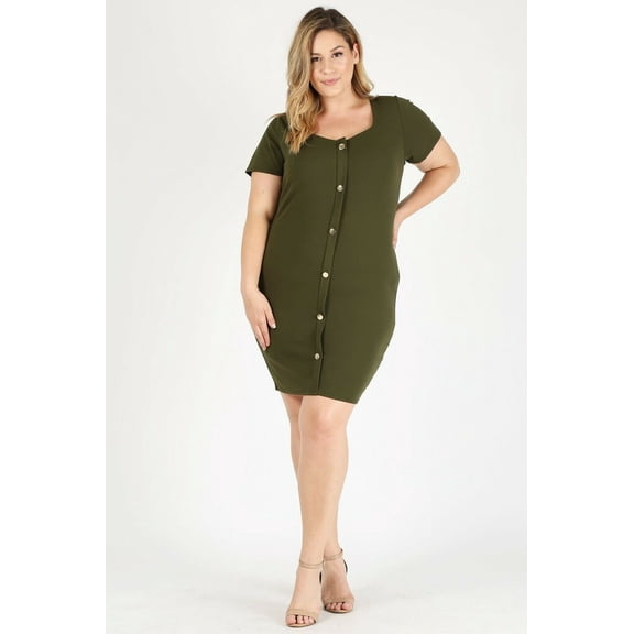 NWT Women Plus Size GOLD BUTTON DOWN SHORT SLEEVE BODYCON DRESS 1XL 2XL 3XL