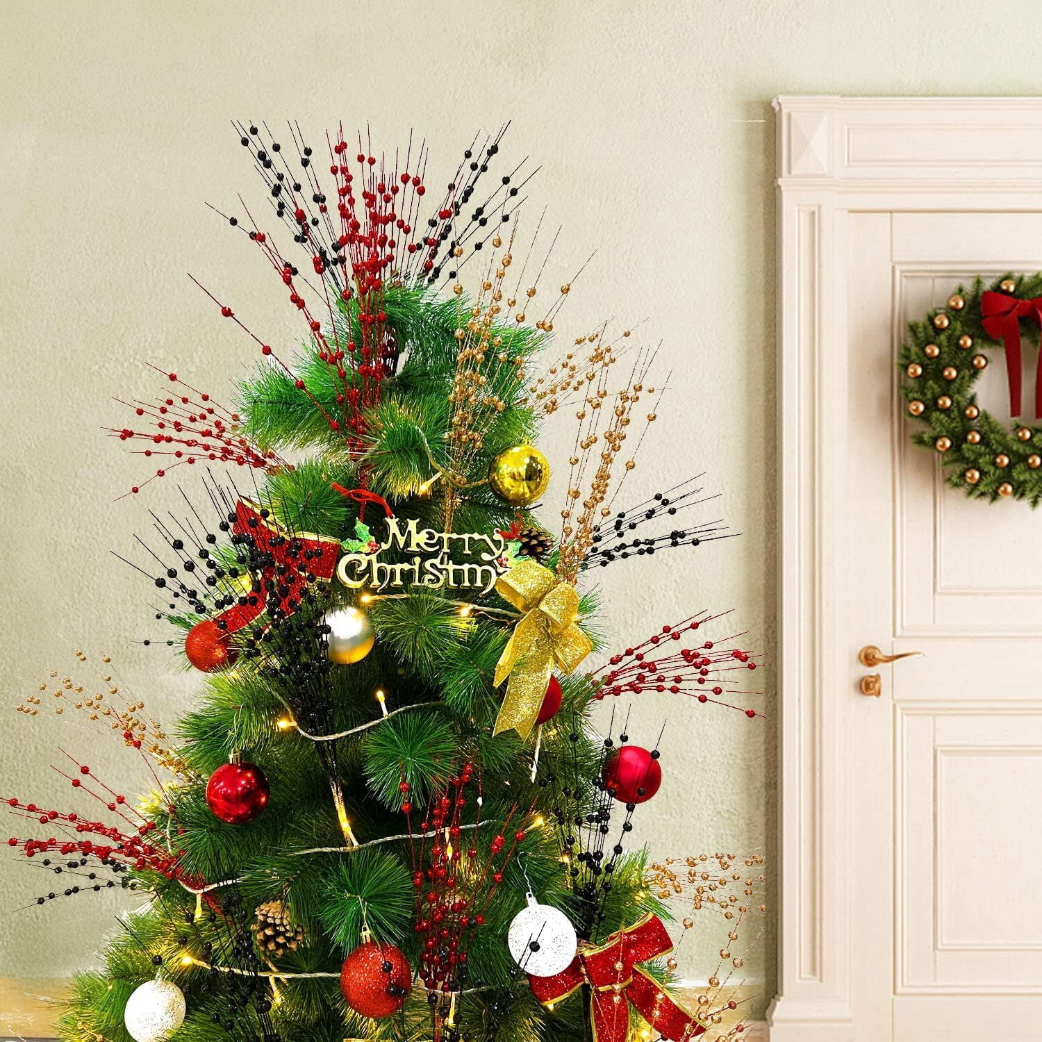 30 Pack Artificial Glitter Berry Stem Ornaments 15.7in Decorative Christmas Picks Glittery Bead Sticks Branches for Christmas Tree Decor DIY Wreath Crafts Home Decor (Red)