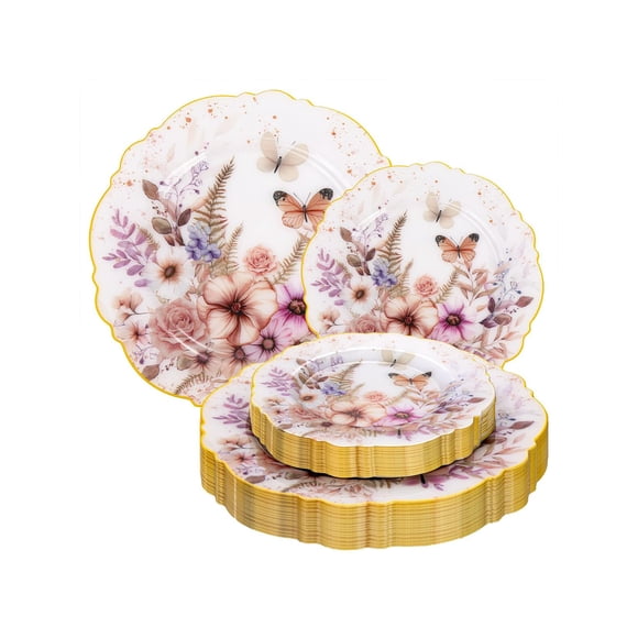 WDF Lot de 20 Assiettes de Printemps Fleur - Baroque Fantaisie Assiettes Papillon Jetables - 10â??â?? et 7â??â?? Assiettes en Plastique Florales ta