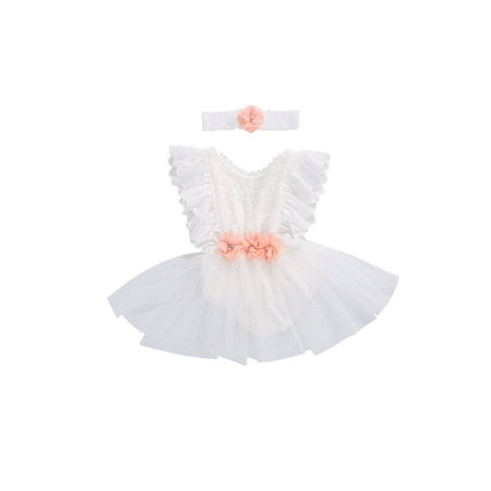 

TheFound Princess Infant Baby Girls Rompers Headband Lace Flowers Print Ruffles Jumpsuits 2pcs Set