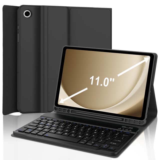 funda de teclado sengbirch para samsung galaxy tab a9+ 11" negra funda protectora negra con teclado Bluetooth magnético desmontable en vista 3/4; tableta en modo atril dentro de la funda, teclado tipo tijera de perfil bajo con teclas negras y marcadores azules, carcasa de poliuretano negra con forro interior antideslizante, ranura integrada para lápiz y recortes precisos para cámara y puertos; soporte para tres ángulos y función de encendido/apagado automático. Ideal para escribir y ver videos, y a menudo usada para trabajo portátil.