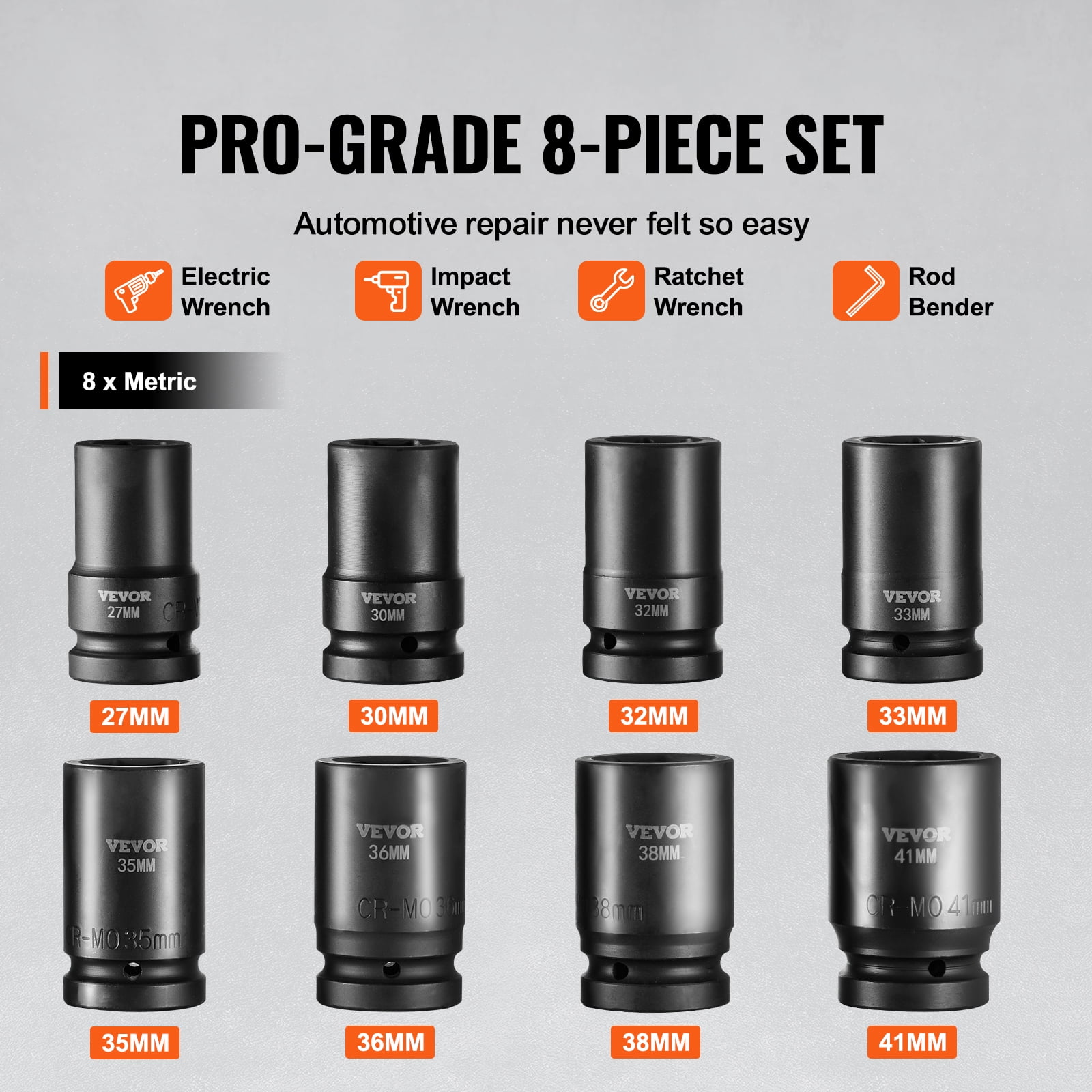 VEVOR 1" Drive Impact Socket Set, 8 Piece Deep Socket Set Metric 27-41mm, 6 Point Cr-Mo Alloy Steel for Auto Repair, Easy-to-Read Size Markings, Rugged Construction, Includes Storage Case