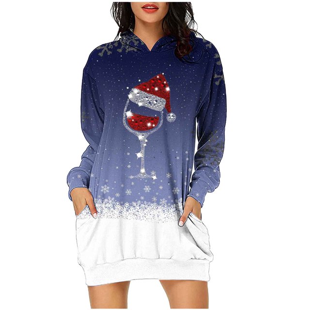 Pisexur Robes de Noël pour Femmes Mode Imprimé Flocon de Neige Sweat à Capuche Robe Décontractée Manches Longues Robes d'Automne Robe de Fête Mini Robe avec Poches