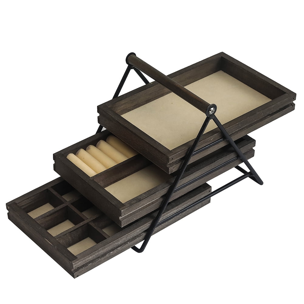 Private Jungle Three Layer Jewelry Tray With Metal Frame And Handle For Easy Storage And Access - Walnut