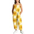 thumbnail image 6 of dazeni Girls Sleeveless Jumpsuits Fashion Tie Dye Romper Wide Leg Pants Casual Summer Boho Spaghetti Straps Overalls with Big Pockets Yellow 5-6 Years, 6 of 9