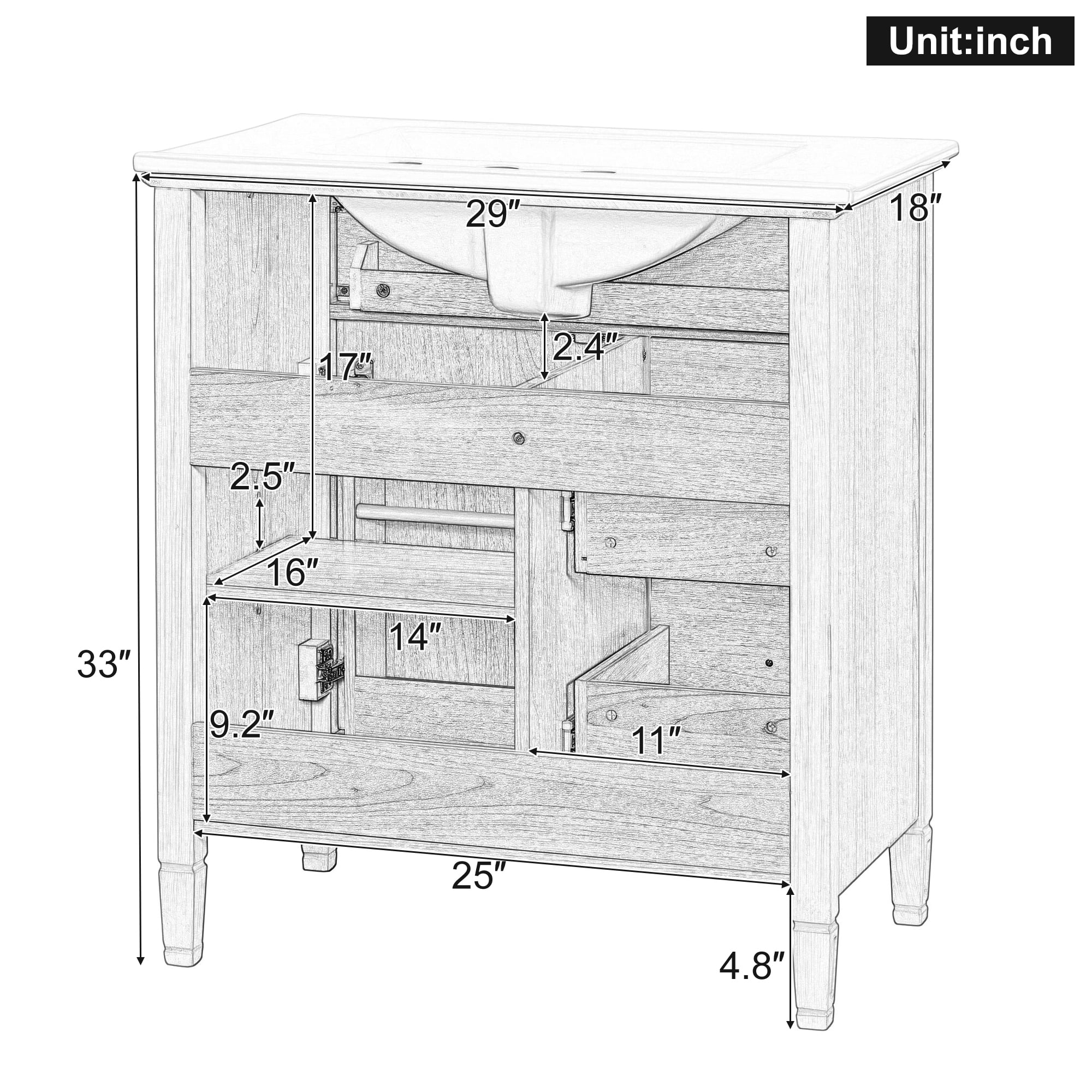 30-Inch Bathroom Vanity with Ceramic Sink and Flip Drawer, Solid Wood Cabinet with Adjustable Shelf for Bathroom, Natural