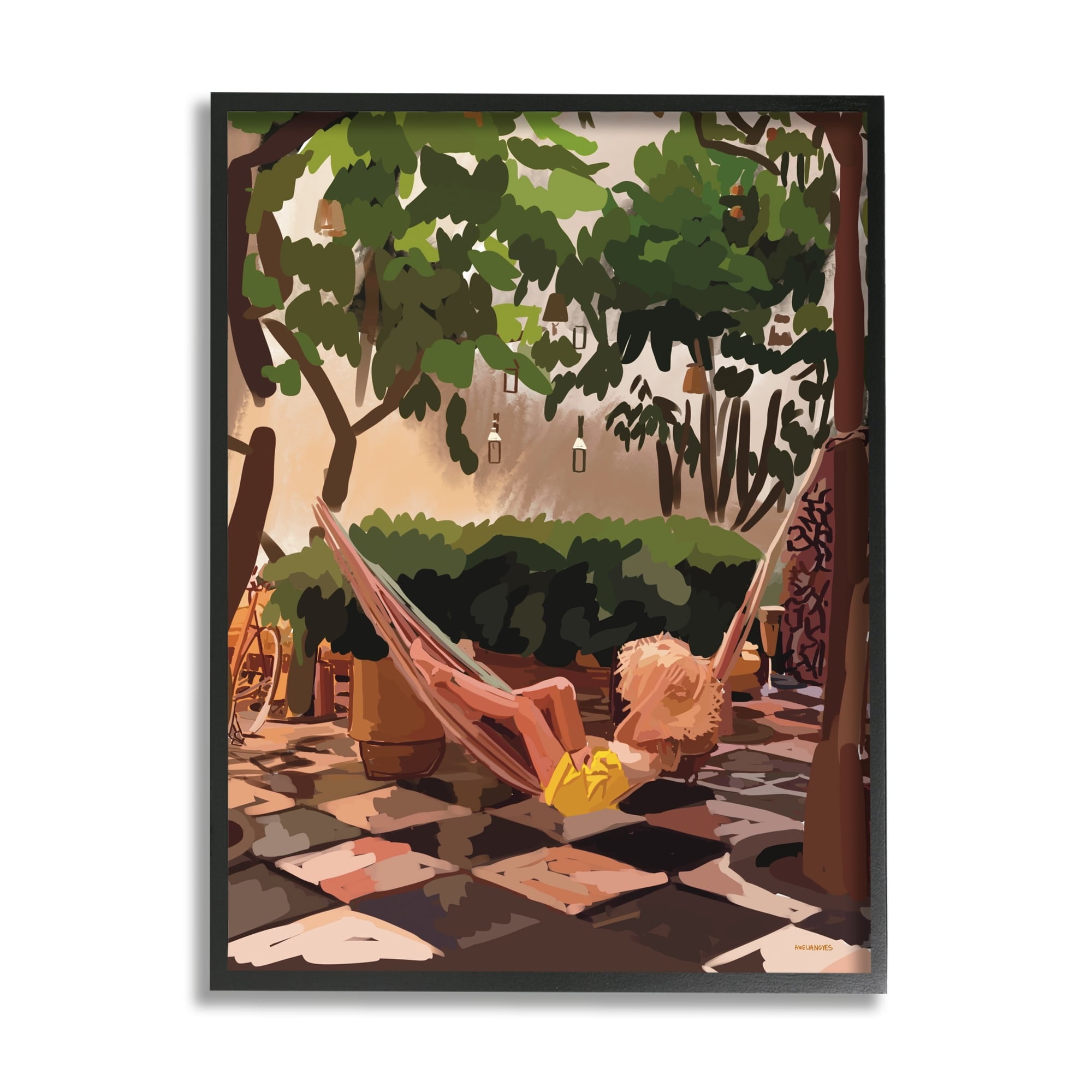 Stupell Industries Woman Lounging Hammock Tropical Summer Vacation Scenery Graphic Art Gray Framed Art Print Wall Art, Design by Amelia Noyes