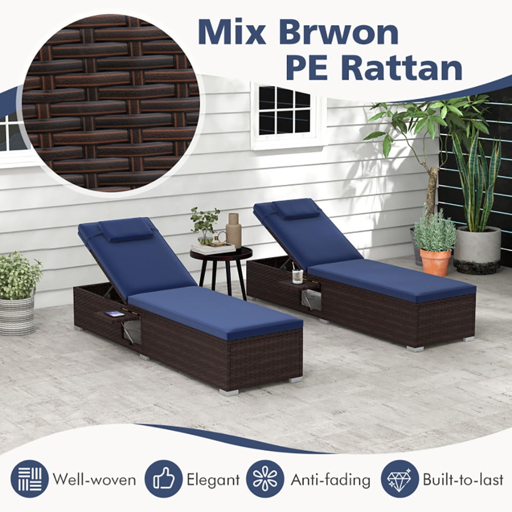 Aimee Lii Outdoor PE Rattan Chaise Lounge with 6-level Backrest, Patio Loungers, Navy