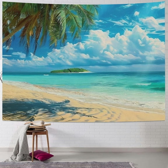 Creowell  Ocean Tapestry, Palm Tree Leaves in the Tropical Sand Beach Sea Landscape Graphic Print, Fabric Wall Hanging Decor for Bedroom Living Room Dorm 40x30inch