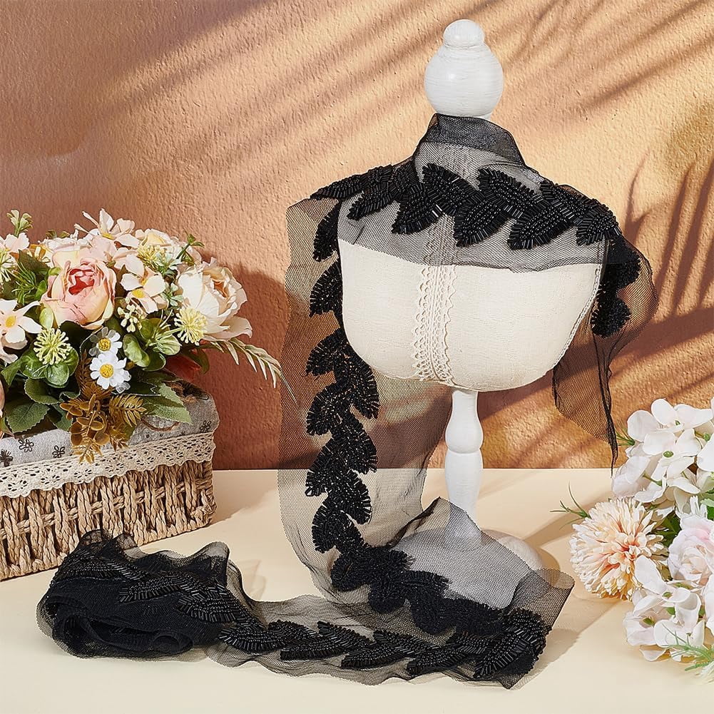2 Yards Beaded Lace Trim Black Beaded Leaf Applique Ribbon 40mm Lace Mesh Ribbon Glass Bead Trim for Clothing Sewing Crafts Curtain Dance Skirt Decoration Accessories Black