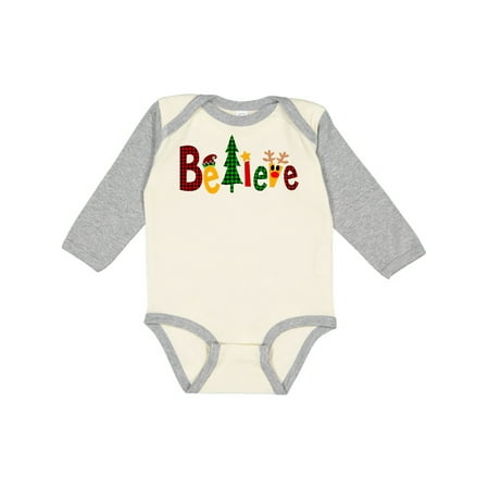 

Inktastic Believe Plaid Christmas Tree and Reindeer Gift Baby Boy or Baby Girl Long Sleeve Bodysuit