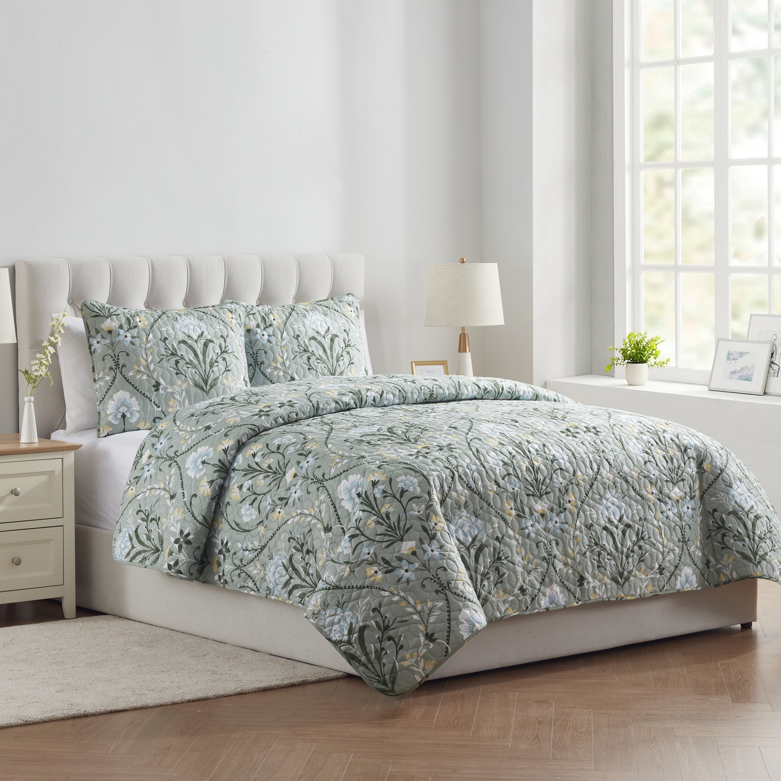 VCNY Home Province 3-Piece Green Floral Damask Printed Quilt Set, King, Adult, Unisex