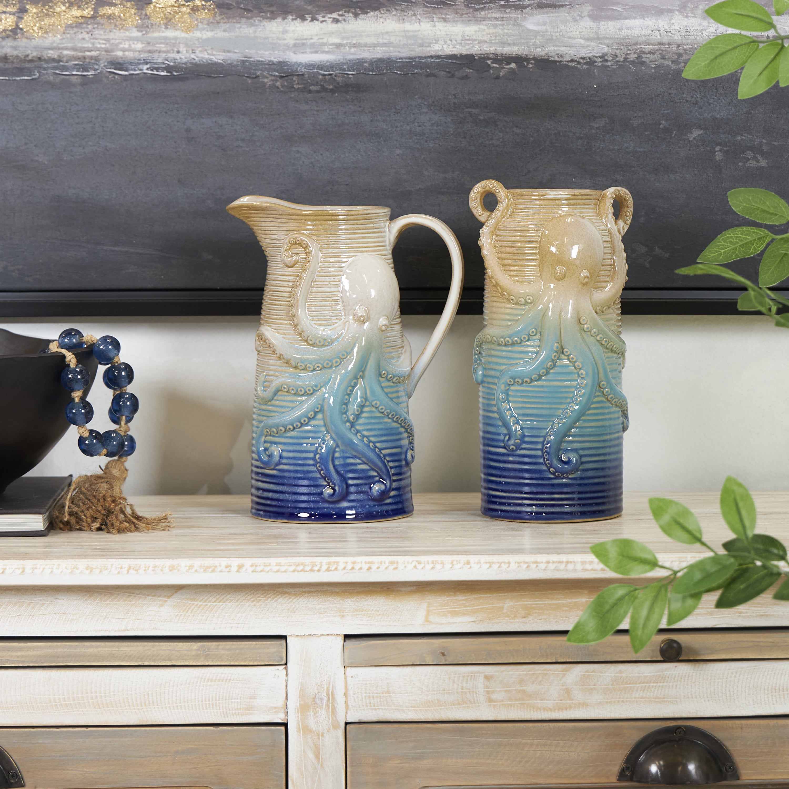DecMode 10", 10"H Octopus Dimensional Ribbed Ombre Blue Ceramic Vase, Set of 2