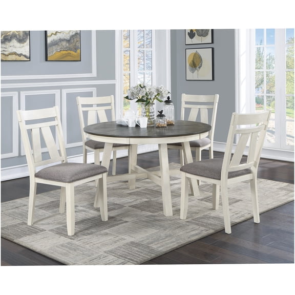 5-Piece Round Dining Set with White Table and Gray Upholstered Chairs for Modern Farmhouse Style