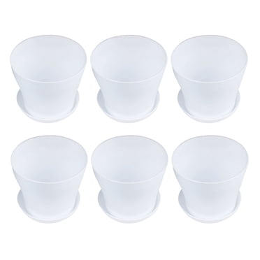 6X Plastic Plant Flower Pot Planter with Saucer Tray Round Gloss Home Garden Decor, White Upper Caliber -, 14cm