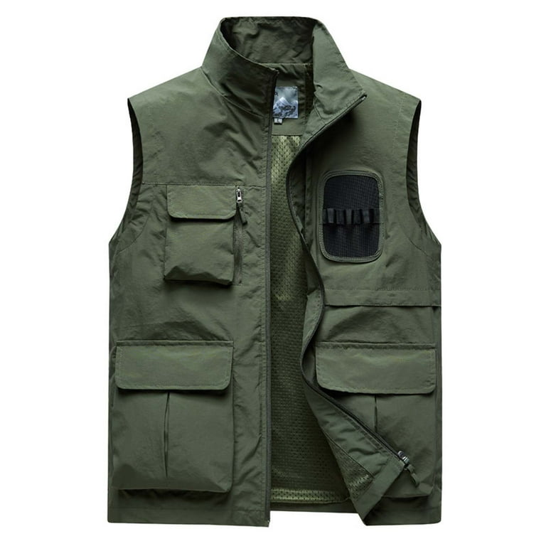 Paiyanr Jackets for Men Sleeveless and Hatless Casual Coat Solid Color Stand Up Collar Multi Pocket Outdoor Sports Vest Jacket Olive Green Walmart