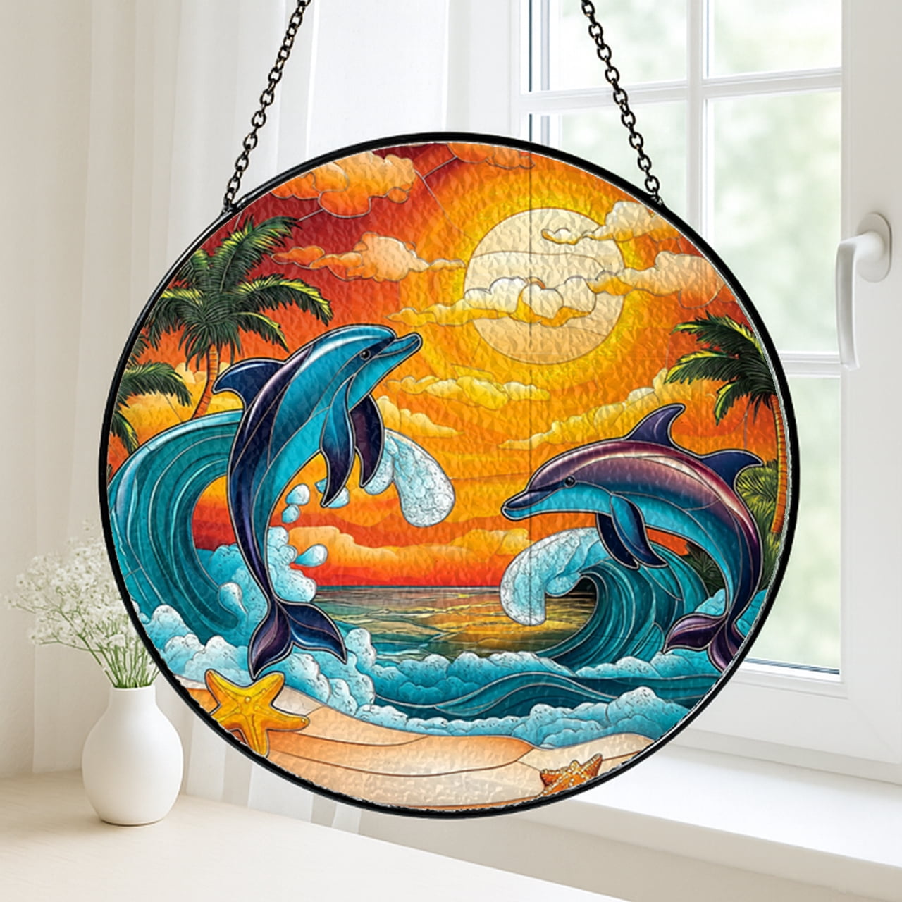 Faux Stained Glass Dolphin Panel, Sunset Ocean Window Art