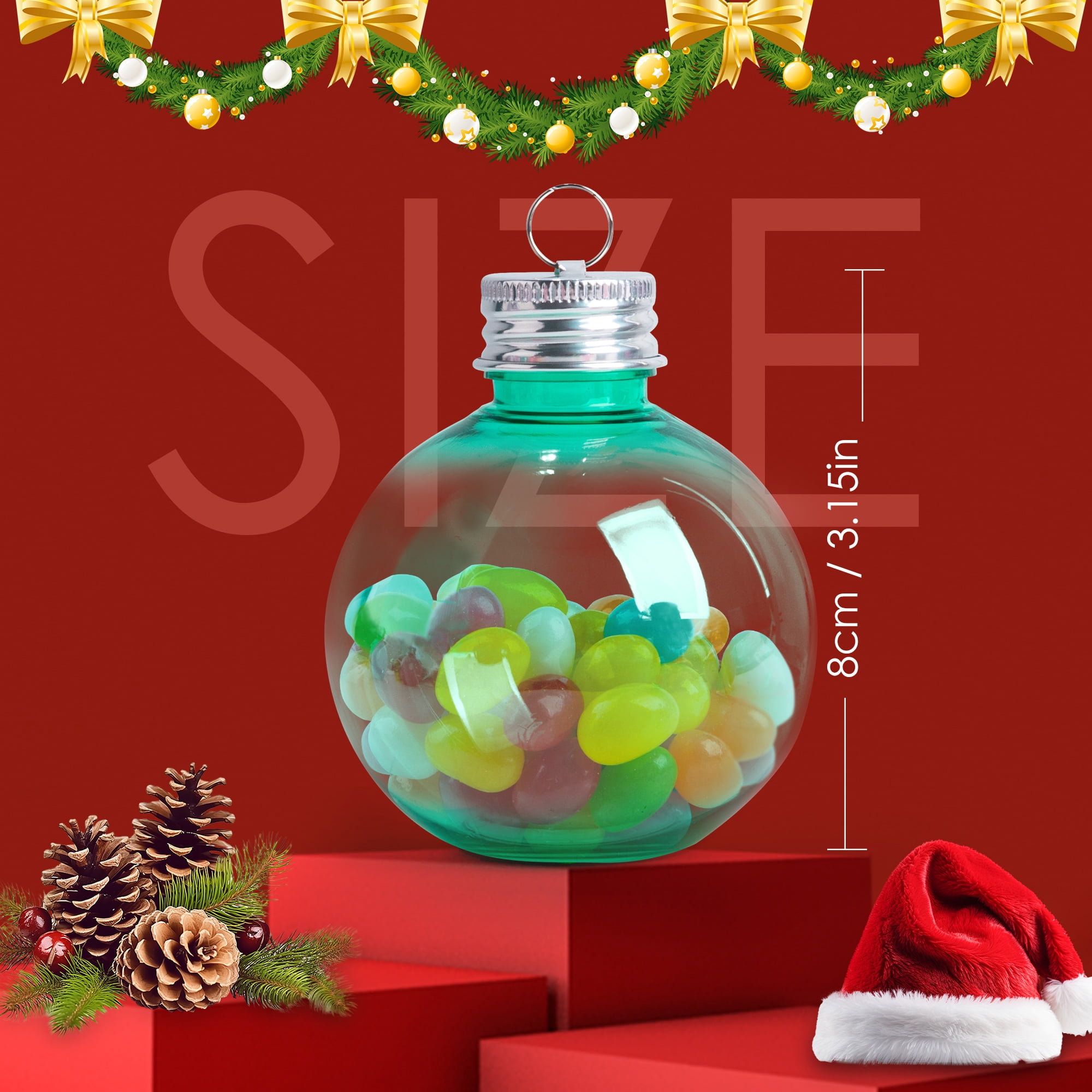 Fillable Christmas Ornament Balls for Drinks, 5 oz Plastic Bulb Ornaments, 6 Pack Hanging Tree Decor for Holiday Gifts and Stocking Stuffers
