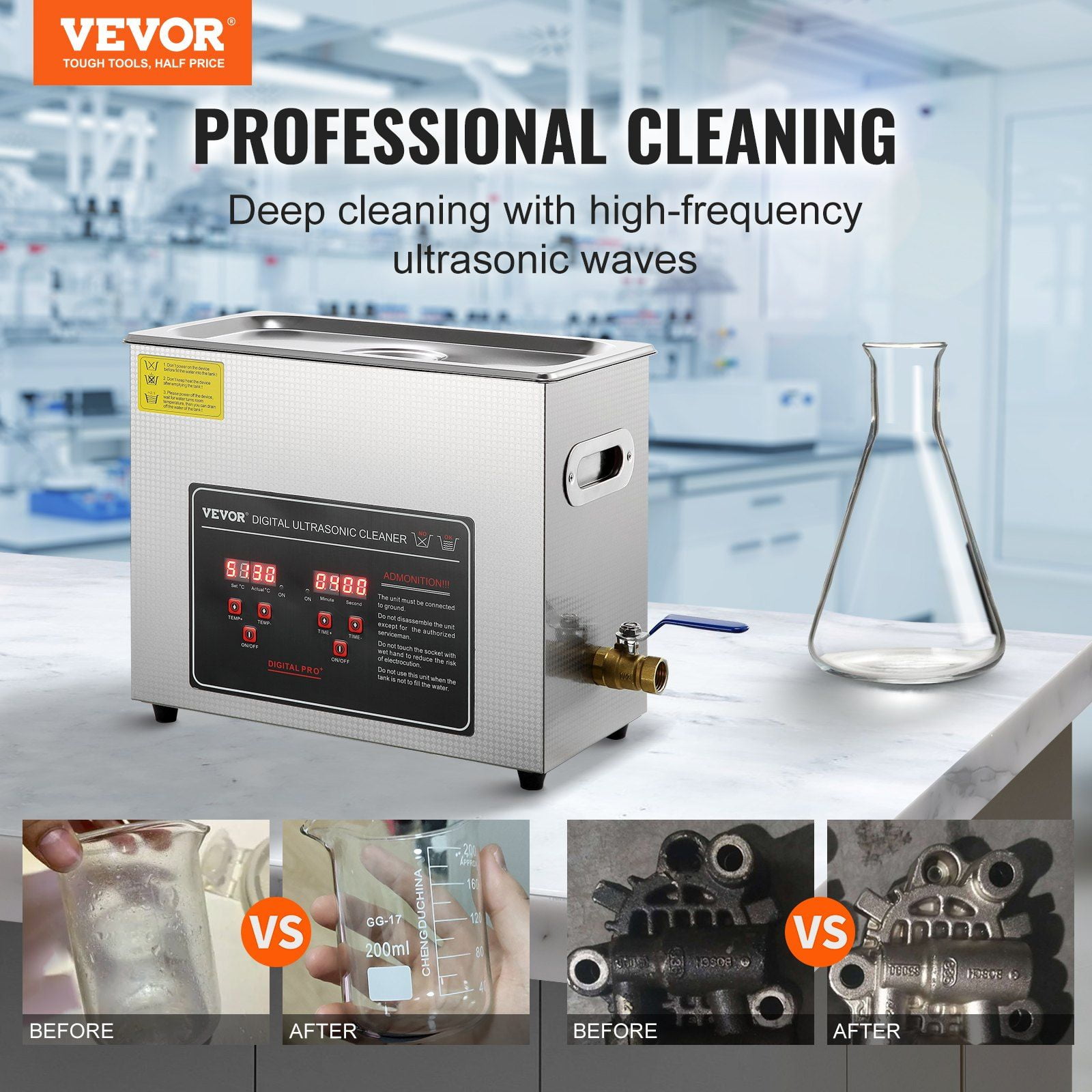 HCY Ultrasonic Cleaner with Digital Timer & Heater, Professional Ultra Sonic Jewelry Cleaner, Stainless Steel Heated Cleaning Machine for Glasses Watch Rings Small Parts Circuit Board (6L)