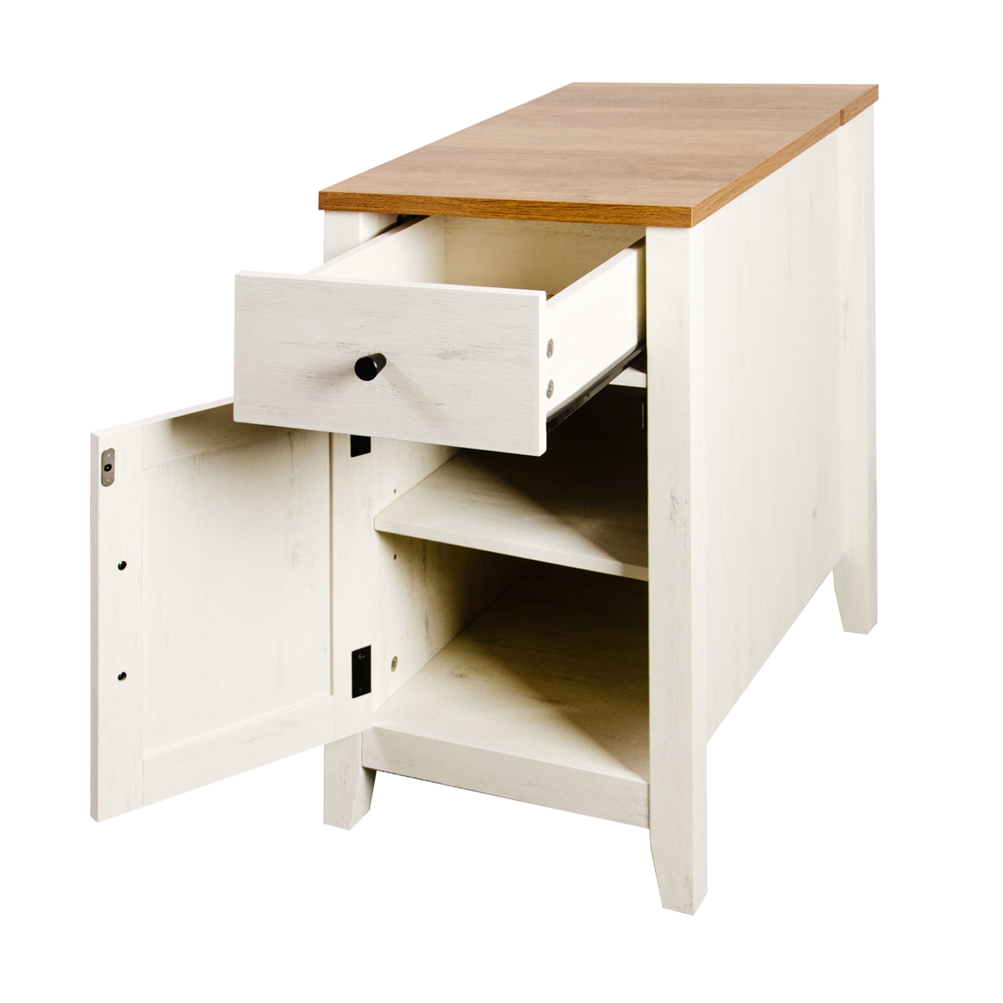 HOQBN Farmhouse End Table with Charging Station, Nightstand with Barn Door and Drawer, Bedside Table for Bedroom Living Room, Brown+White