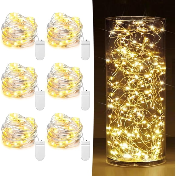 Paquete de 6 luces de hadas que funcionan con pilas, 20 luces LED de 7 pies, luces centelleantes de alambre plate, luces de luna estrellada de luciérnaga para tarros de albañil, bodas, fiestas