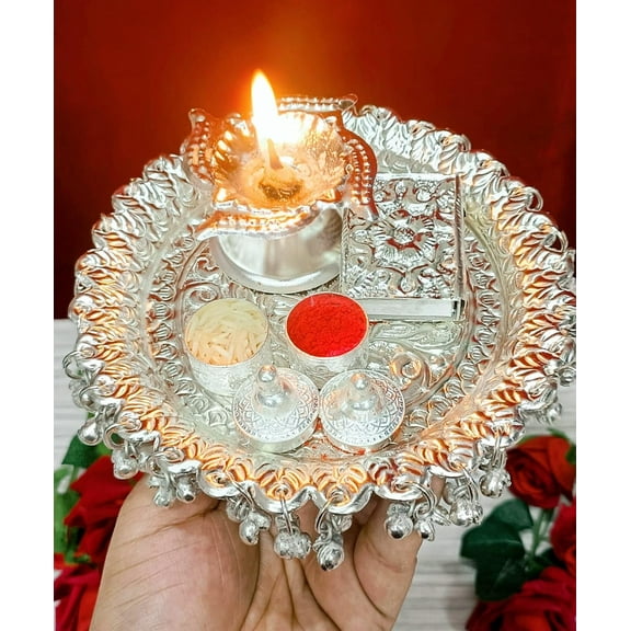 German silver ghungaru budget aarti Thali with matchbox for festivals