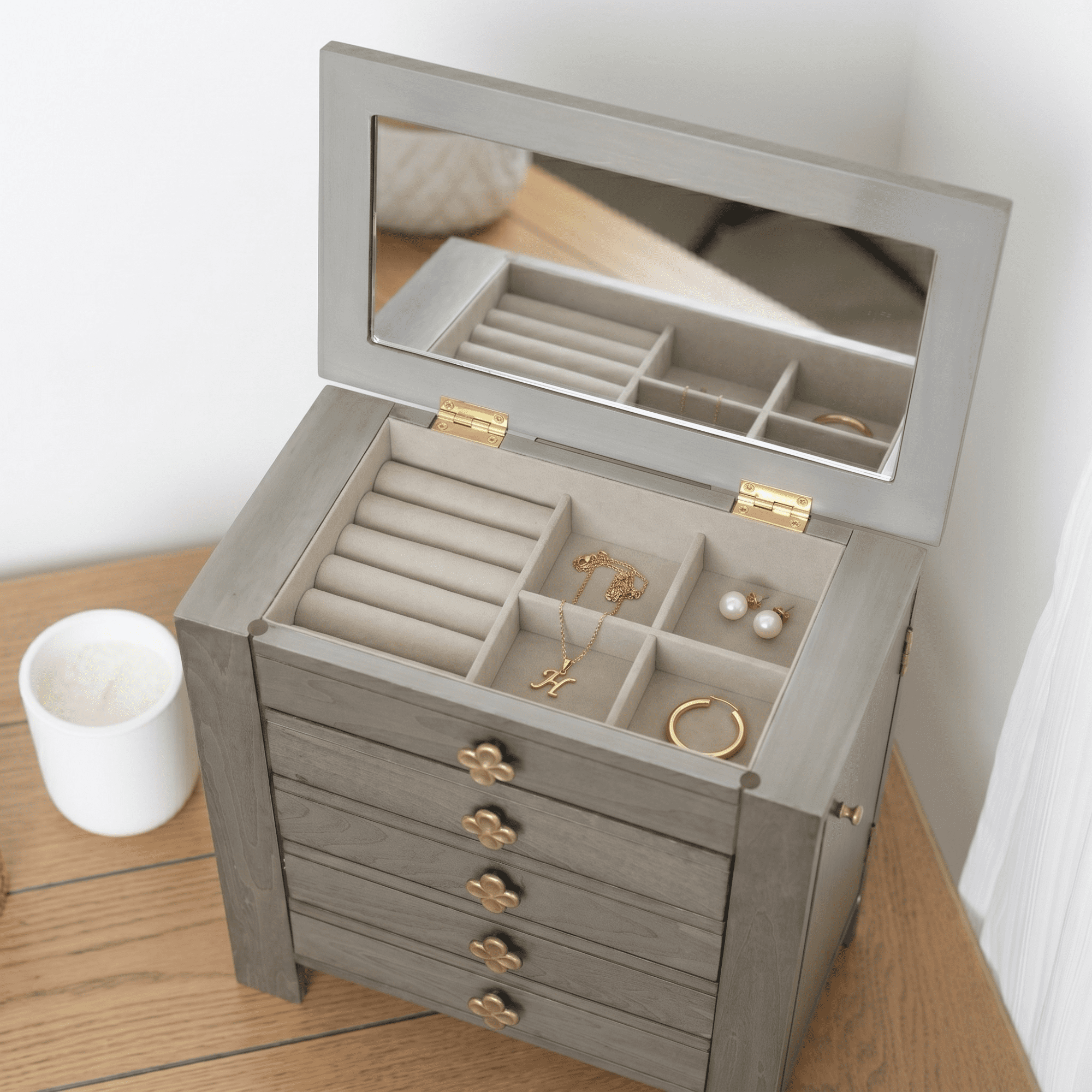 Hives and Honey Emma Wood Jewelry Chest: Modern Grey Tabletop Storage with 4 Drawers for Women