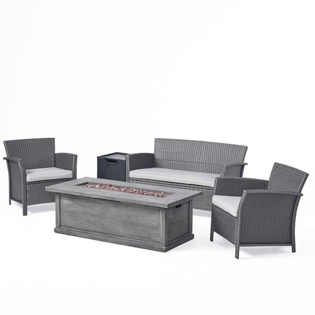 Noble House St. Lucia Outdoor 4 Seater Chat Set w/ Fire PitGray