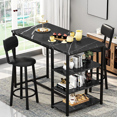 thumbnail image 1 of Stmoze Marble Bar Table Set with Storage Shelves, Faux Marble Bar Height Kitchen Table and Chairs Set, 3 Pieces Counter Height Dining Table Set with 2 Leather Bar Stools, Pub Table Set for Home, Black, 1 of 7