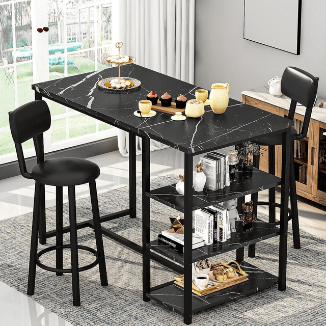 Stmoze Marble Bar Table Set with Storage Shelves, Faux Marble Bar Height Kitchen Table and Chairs Set, 3 Pieces Counter Height Dining Table Set with 2 Leather Bar Stools, Pub Table Set for Home, Black