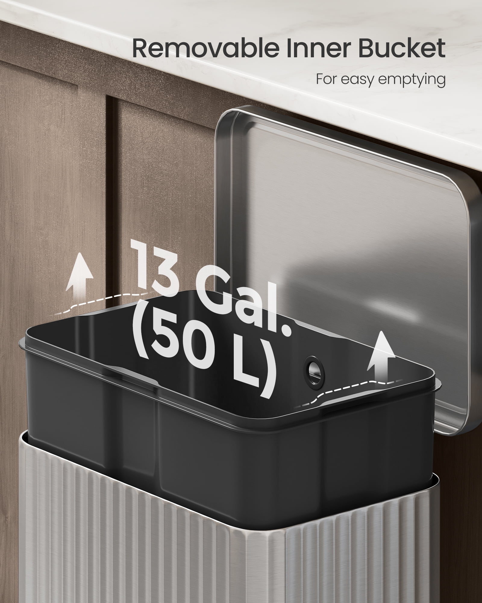 SONGMICS Trash Can, 13 Gallon (50 L) Garbage Can with Lid,Pedal,Removable Inner Bucket, Soft Close,15 Trash Bags Included,Metallic Silver