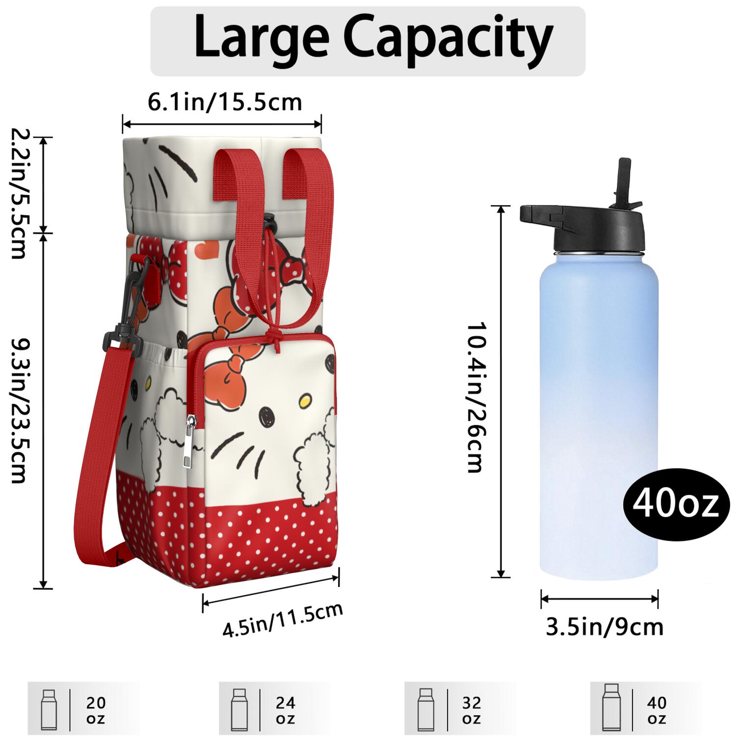 Insulated Water Bottle Carrier Bag Sleeve with Strap Crossbody for 20/24/32/40oz Tumbler,Hello Kawaii Cat Cute Water Bottle Holder Sling Bag with Pocket Gifts for Women Men Adults