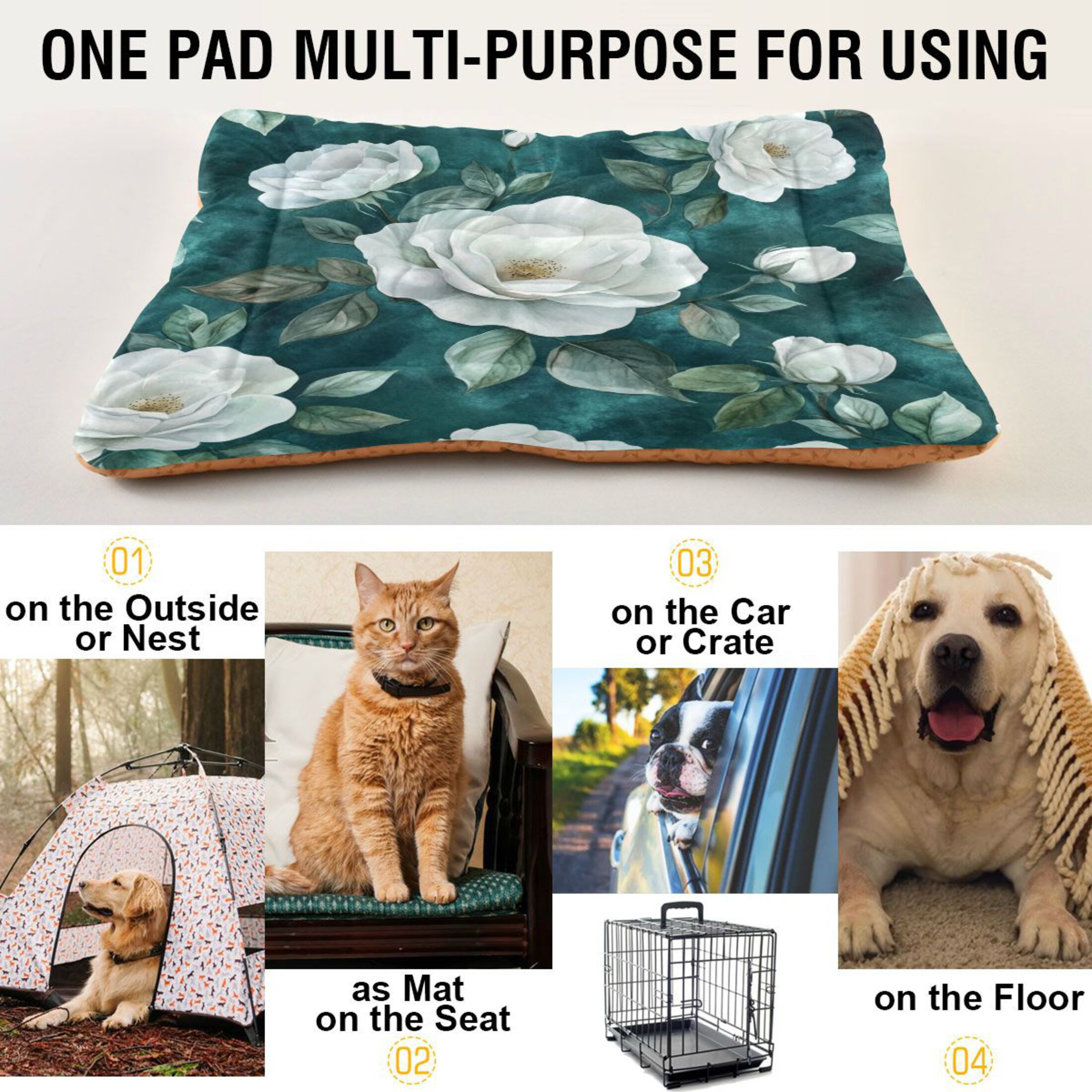 Qxltty Large White Roses Pattern Ped Pad Wear-resistant and Hard to Bite Through Sleeping Pad for Small Medium Large Dogs Winter Pet Bed 36×24in