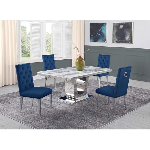 White Marble 5 piece Dining Set with Silver Stainless Steel Base