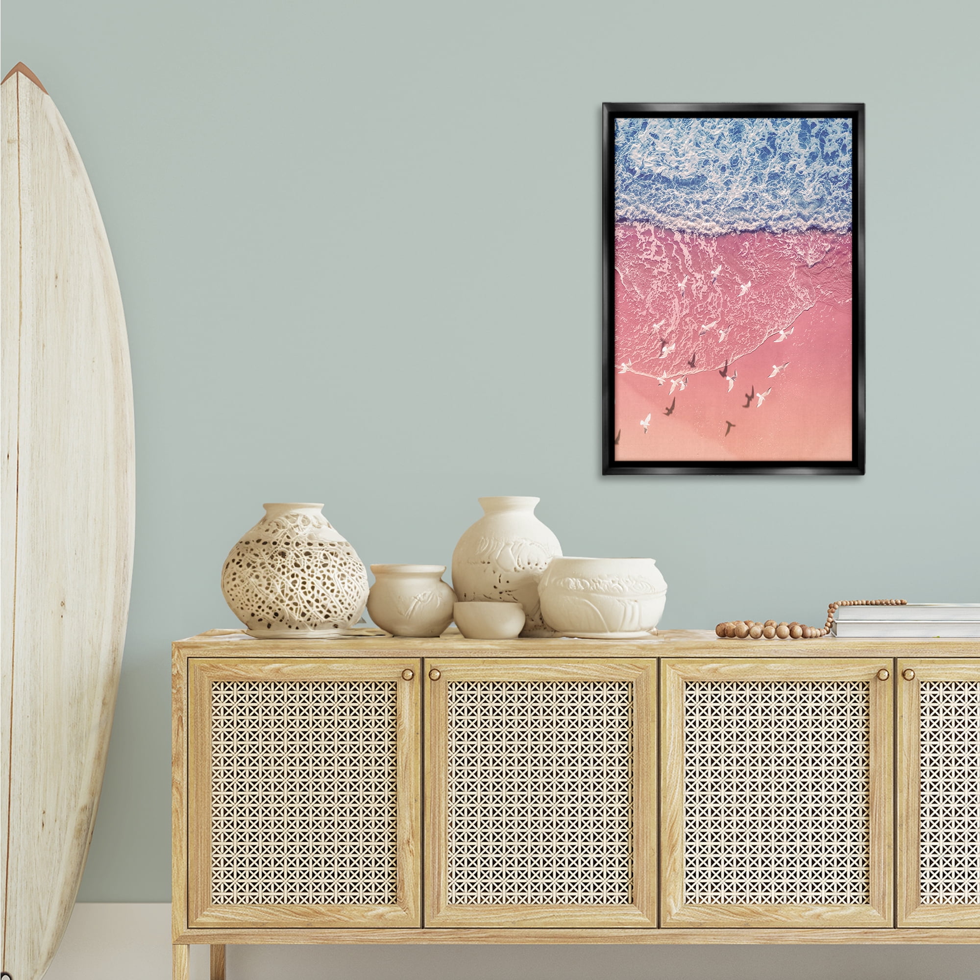 Stupell Industries Aerial Seagulls over Beach Landscape & Nature Photography Black Floater Framed Canvas Art Print Wall Art, 21 x 31