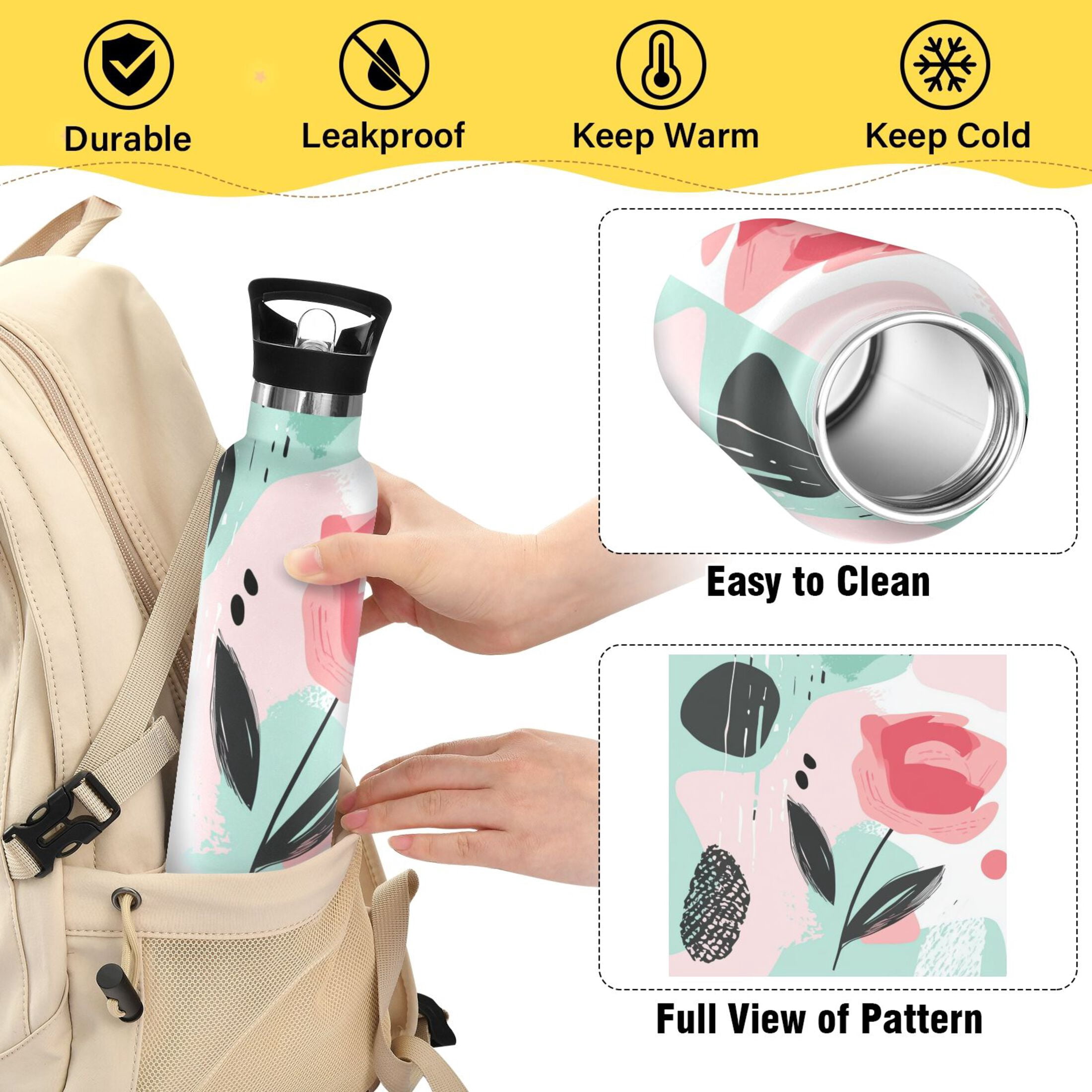 Kids Insulated Stainless Steel Sports Water Bottle 600ml (20oz) Large and Cartoonish Rose