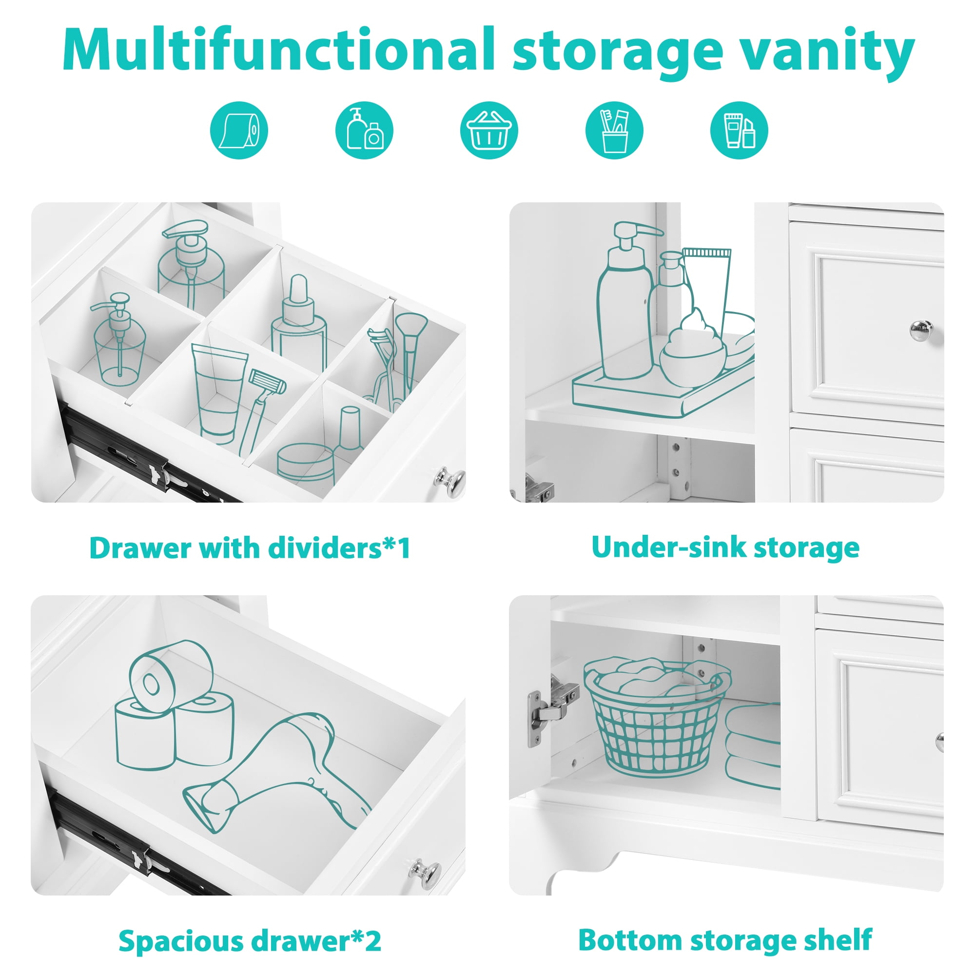 Euroco 30-Inch Bathroom Vanity with Ceramic Sink, 3 Soft-Close Drawers, Adjustable Shelf, Overflow Drain, Solid Wood Frame