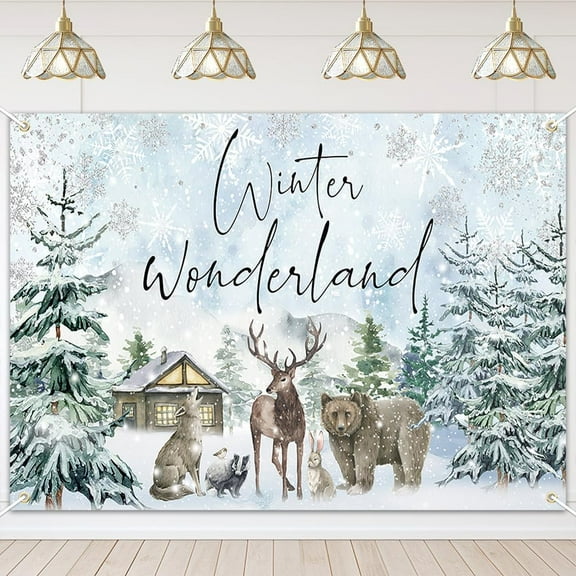 Winter Wonderland Backdrop for Boys Blue Sliver Snowflake 1st Birthday Photography Background Reindeer Forest Winter Wonderland Baby Shower Party Decorations Banner Photo Booth Props