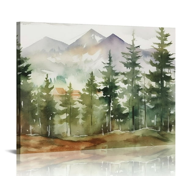 JRXY Framed Canvas Print Wall Art Watercolor Mountain Forest Landscape Nature Wilderness Illustrations Modern Rustic Scenic Colorful for Living Room, Bedroom, Office 20x16in