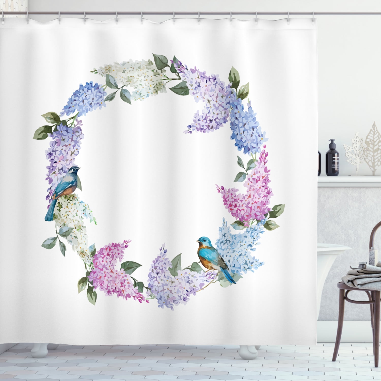 Lilac Shower Curtain, Flower Wreath with Fresh Blooms and Little Bird