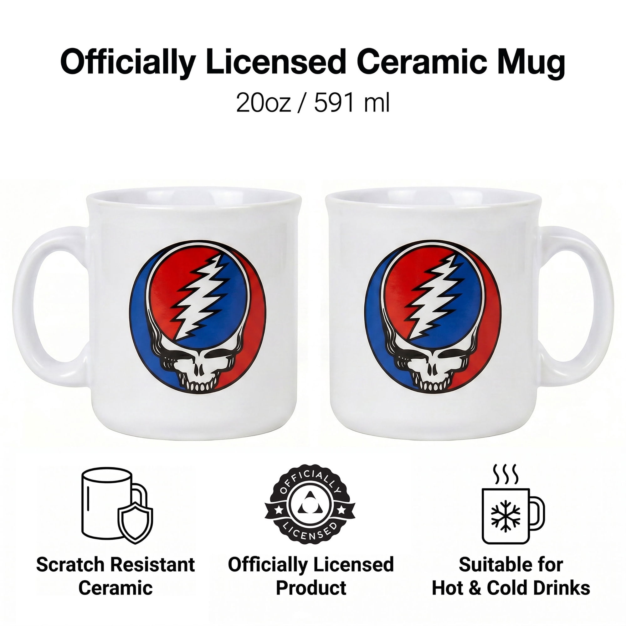 Pyramid America: Grateful Dead Skull Logo - 20oz Ceramic Camper Mug - Coffee & Tea Cup, Microwave-Dishwasher Safe, Rock Band Fan Collectible, Licensed