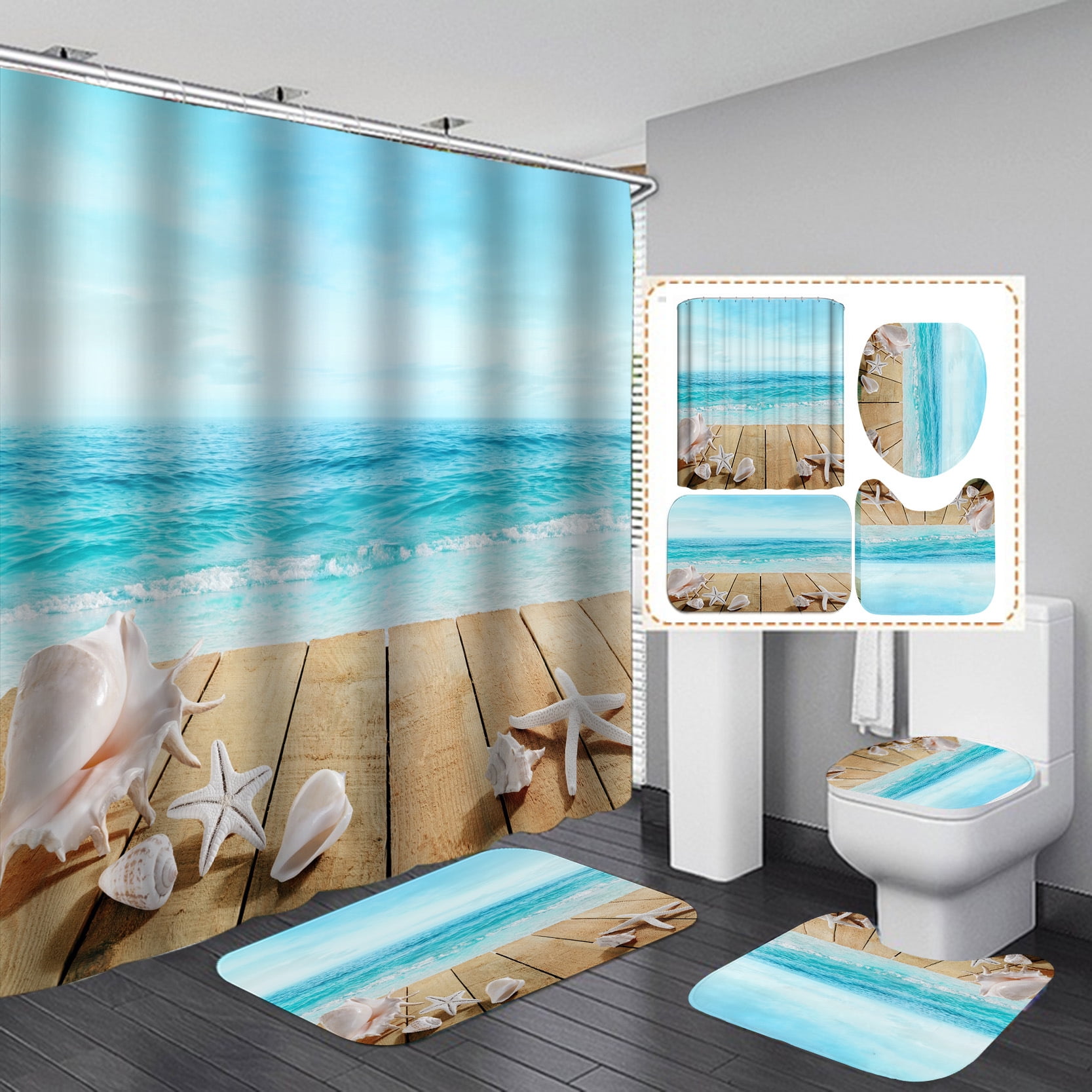 Esaierr 4PCS Shower Curtain Set with Non-slip Rugs, Toilet Lid Cover and Bath Mat, Durable ...