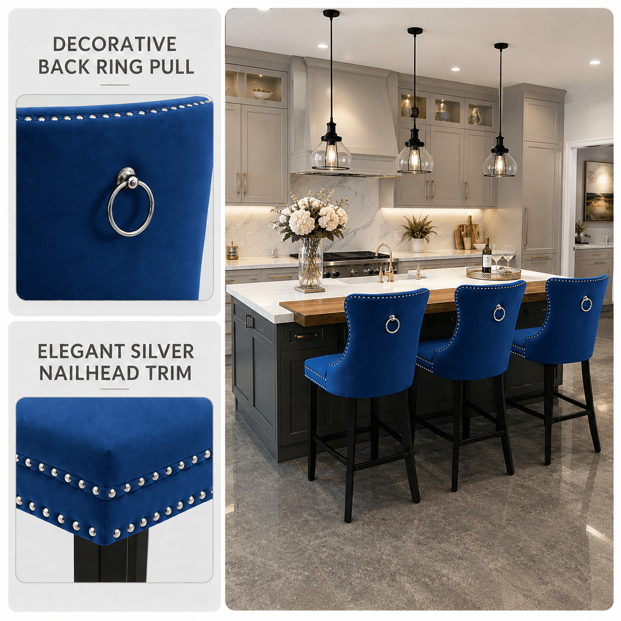 Bar Stools Set of 4, PAPROOS Velvet Bar Stool with Back, Solid Wood Frame & Nailhead Trim, Counter Height Bar Chair Button Tufted Upholstered Seat, Full Back Bar Stools, Blue