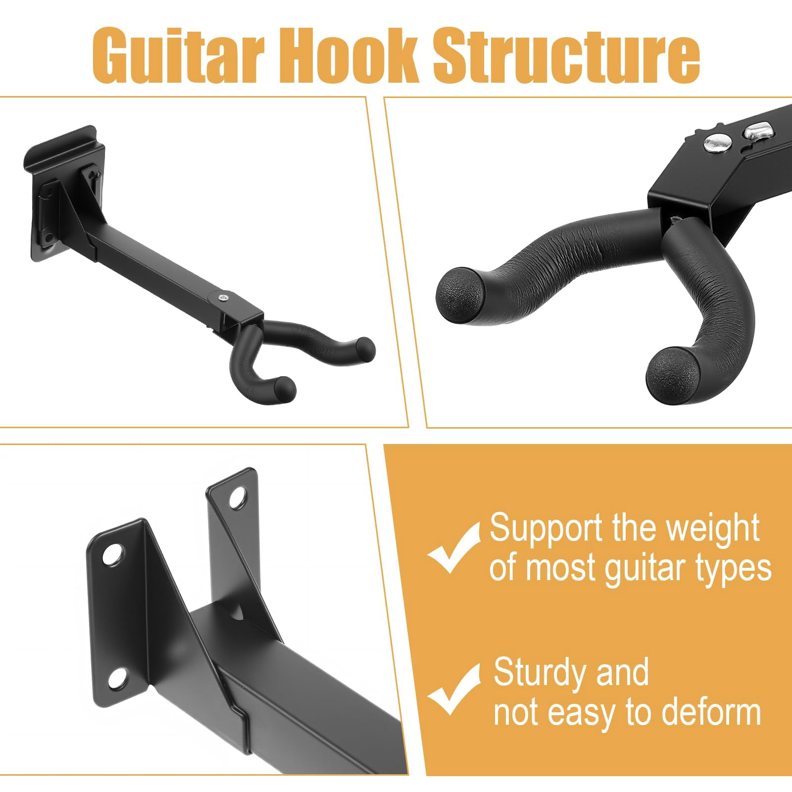 6 Pcs Guitar Hanger Wall Mount Heavy Duty Metal Hook Holder With Slat Adapter 180° Adjustable Black Stand For Acoustic Electric Bass Ukulele