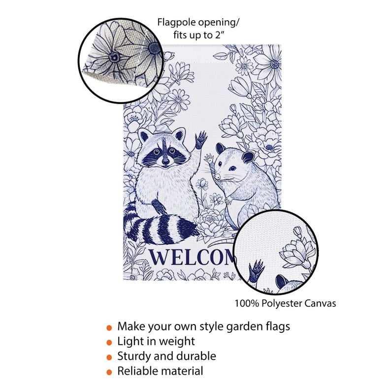 ViciArt Raccoon & Possum Welcome Garden Flag – 28”x40” Blue White Floral Outdoor Yard Decor, Woodland Animal Sign
